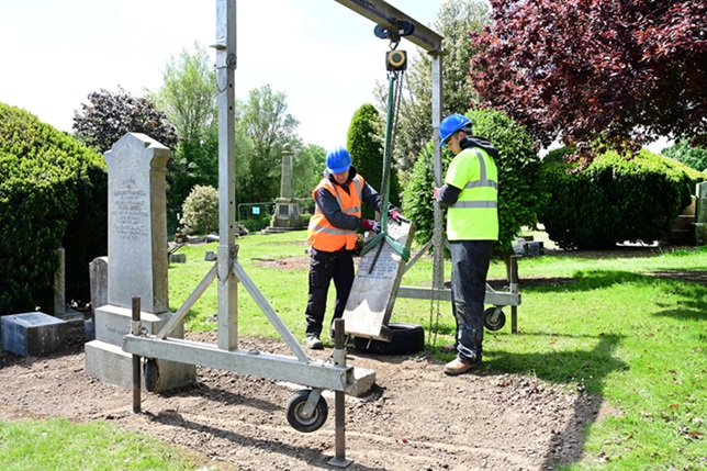 FC - Workers use a special hoist to lift the headstones back into position