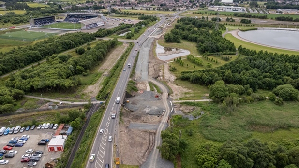 Aerial view of A904 towards The Falkirk Stadium and The Helix
