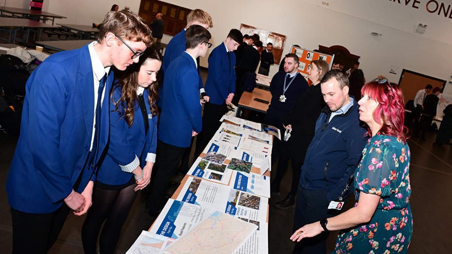 Pupils from Larbert High School talk about their plans with employees from Falkirk Council and Balfour Beatty