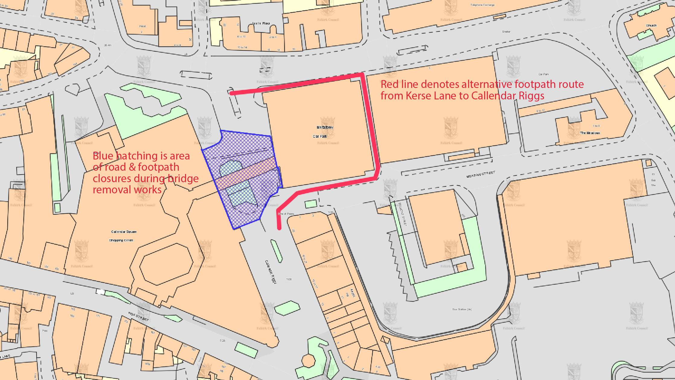 A map that shows a footpath diversion, highlighting the road and footpath closure during the bridge removal. The bridge links Callendar Square Shopping Centre with the multi-storey car park.