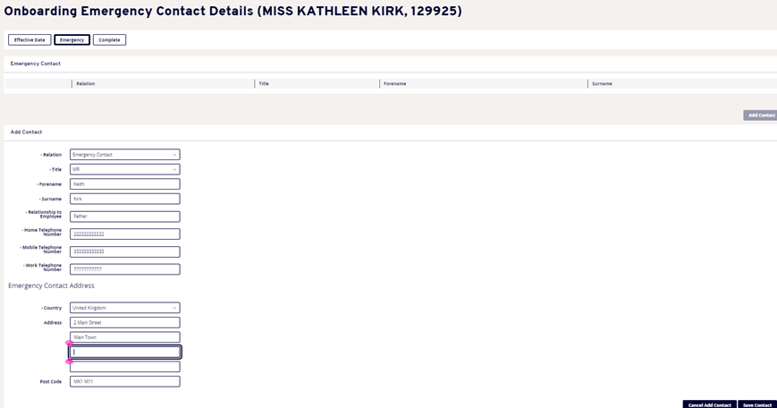 Form fields view for adding an emergency contact