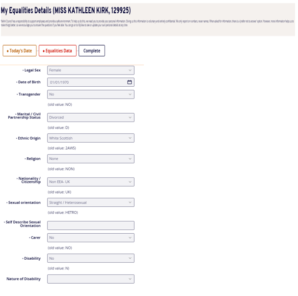 Equialities form fields including - legal sex, date of birth, transgender options, marital/civil partnership status, ethnic origin, religion, nationality/citizenship, sexual orientation, carer, disability, nature of disability