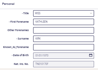 Personal details form fields including - title, First Forename, Other Forenames, Surname, Known as Forename, Date of Birth, National Insurance Number.