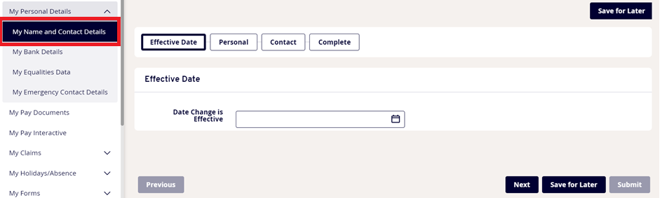Personal details screen, prompt to enter the effective date of change
