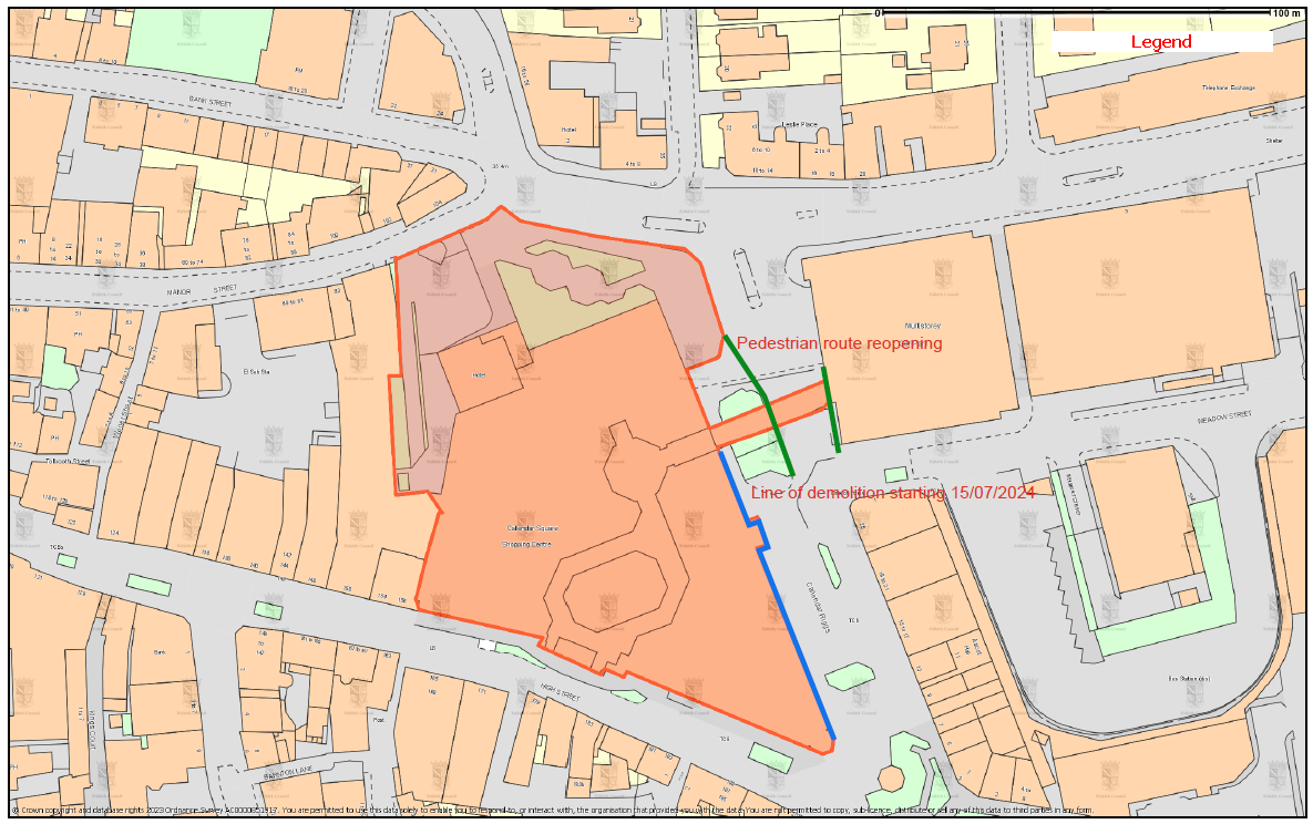A map that shows pedestrian route reopening and Line of demolition from the 15 July 2024.
