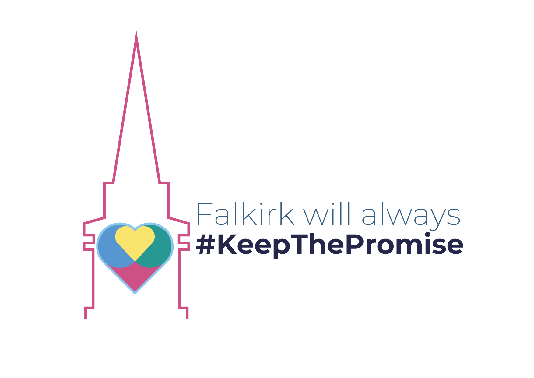 A picture of a heart with four colours that's inside the Falkirk Steeple, a local landmark. The logo next to it that reads 'Falkirk will always keep the promise