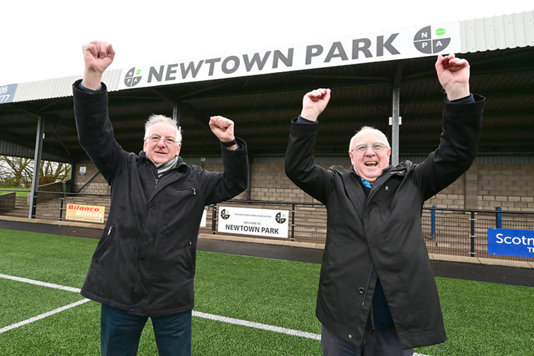 Pictured: (left to right) Robert Snedden and George Sansom, trustees of Newtown Park Association, show their delight upon hearing the news of the charity’s successful bid. 